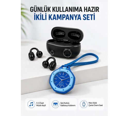 Kablosuz Kulaklık Mavi Çanta Aksesuar Saati Kampanyalı Müzik ve Günlük Kullanım Seti