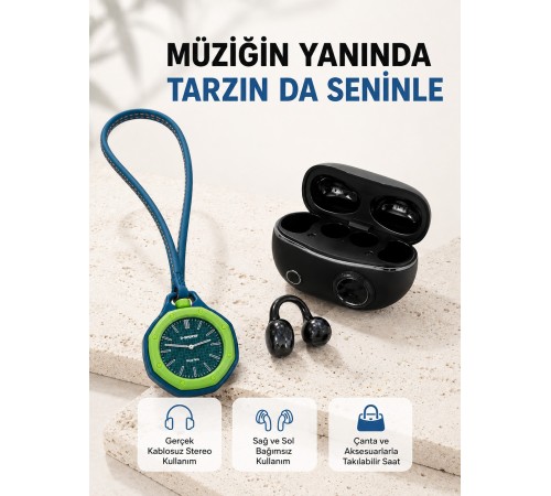 Kablosuz Kulaklık ve Yeşil Askılı Çanta Charm Saat Kampanya Seti Şarj Kutulu Bluetooth Kulaklık