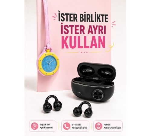 Kablosuz Kulaklık ve Pembe Askılı Çanta Charm Analog Saat Kampanya Seti