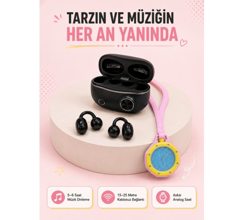 Şarj Kutulu Kablosuz Kulaklık ve Pembe Çanta Charm Saat İkili Fırsat Paketi