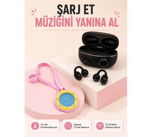 Kablosuz Kulaklık Seti ve Pembe Askılı Analog Charm Saat Günlük Kullanım Kampanyası