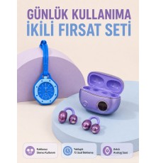 Kablosuz Kulaklık ve Mavi Çanta Charm Saat İkili Set Taşınabilir Günlük Kullanım