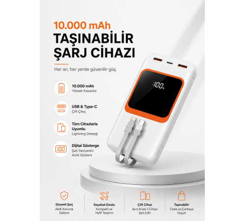 10.000 mAh Bataryalı, Dijital Göstergeli Taşınabilir Powerbank