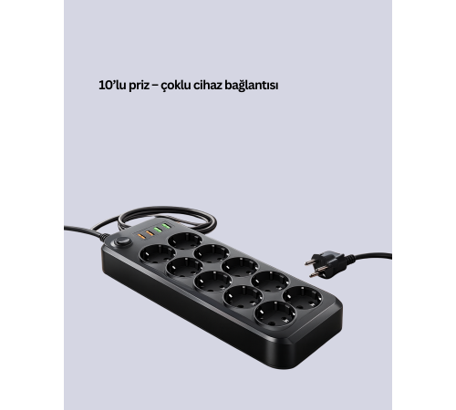 Termal Akım Korumalı USB Type-C Girişli 10'lu Grup Priz 2500W Güç Kapasitesi