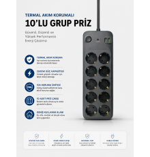 Termal Akım Korumalı USB Type-C Girişli 10'lu Grup Priz 2500W Güç Kapasitesi
