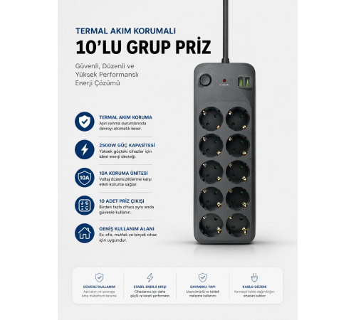 Termal Akım Korumalı USB Type-C Girişli 10'lu Grup Priz 2500W Güç Kapasitesi