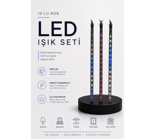 RGB LED Dış Ve İç Mekan Süsleme Işığı 10 Çubuklu Şerit