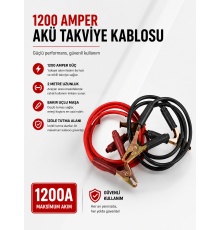 1200 Amper Akü Takviye Kablosu 2 Metre Bakır Uçlu