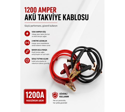 1200 Amper Akü Takviye Kablosu 2 Metre Bakır Uçlu