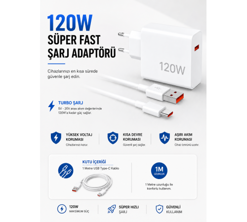 Turbo 120W Hızlı Şarj Cihazı Type-C Kablolu