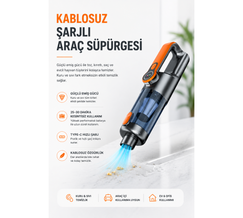 Yüksek Emiş Güçlü Taşınabilir Araç Süpürgesi