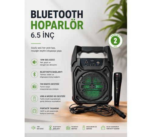 Bluetooth Hoparlör Mikrofonlu Taşınabilir Ses Sistemi FM Radyo, USB, SD Kart ve TWS Özellikli