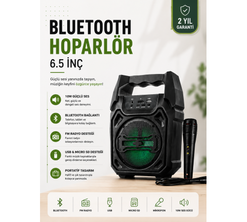 Yeni Nesil 6.5 İnç Bluetooth Hoparlör Mikrofonlu Taşınabilir Ses Sistemi