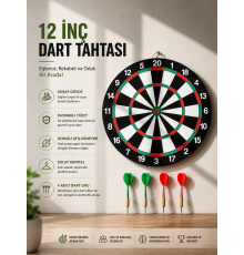 12 İnç Ahşap Dart Tahtası 4 Adet Metal Uçlu Dart Oku Dahil