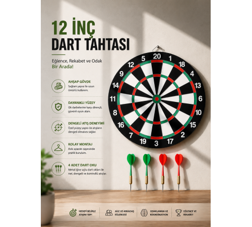 12 İnç Ahşap Dart Tahtası 4 Adet Metal Uçlu Dart Oku Dahil