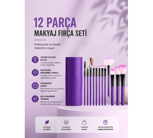 12'li Makyaj Fırça Seti Yumuşak Kıllı Profesyonel Kullanıma Uygun
