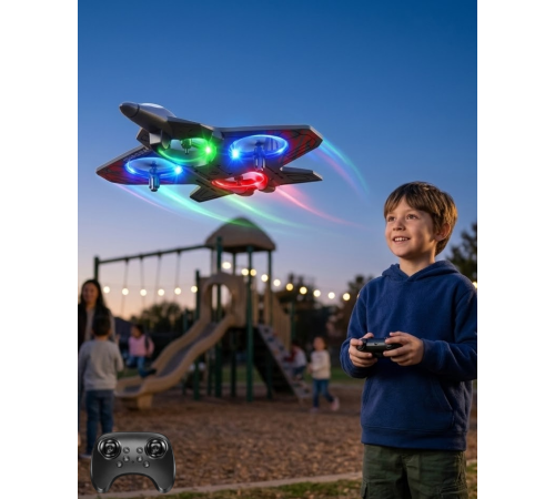 LED Işıklı Uzaktan Kumandalı Drone Fighter Jet Tasarımlı 360 Derece Dönebilen Oyuncak Uçak