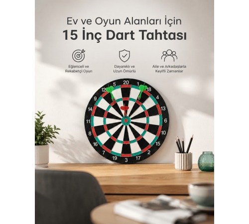15 İnç Büyük Boy Dart Tahtası Ev Oyun Seti 4 Adet Metal Uç Oklu