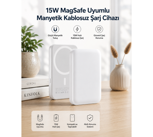 15W MagSafe Uyumlu Manyetik Kablosuz Powerbank 5000 mAh