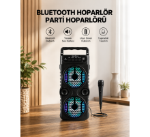 LED Işıklı Bluetoothlu Hoparlör Mikrofonlu Taşınabilir Ses Sistemi