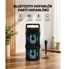 LED Işıklı Bluetoothlu Hoparlör Mikrofonlu Taşınabilir Ses Sistemi