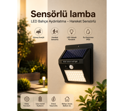 Sensörlü, Güneş Enerjili LED Duvar Lambası Bahçe ve Balkon Aydınlatma