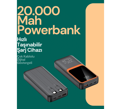 Taşınabilir Şarj Cihazı 20000 mAh | 22.5W Hızlı Şarj + Dijital Ekran + Kablo Dahil