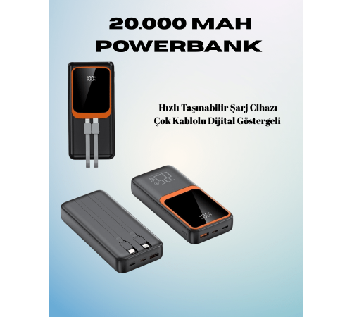 20000 mAh Powerbank | Çok Kablolu, Dijital Göstergeli, Yüksek Hızlı Şarj Cihazı
