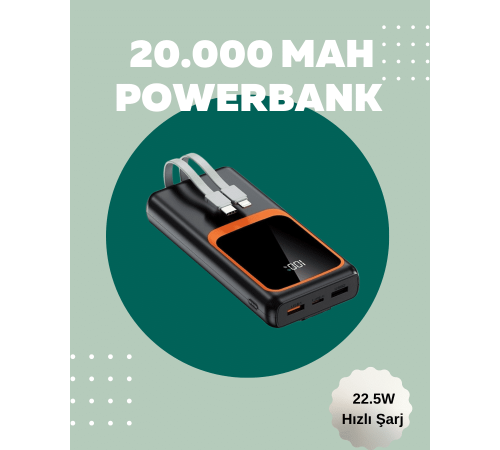 Dijital Ekranlı 20.000 mAh Powerbank | 22.5W Hızlı Şarj + Çoklu Bağlantı Seçeneği