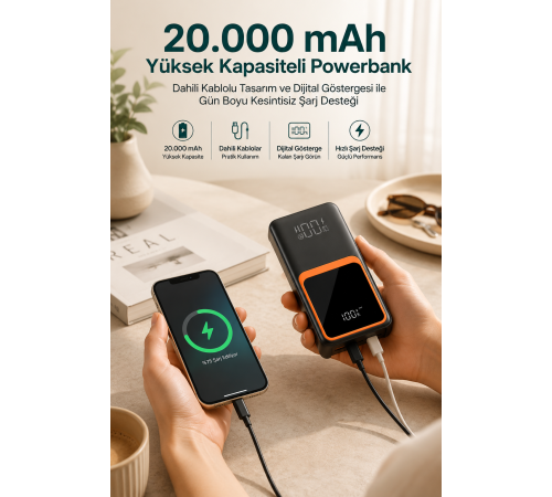20.000 mAh Taşınabilir Şarj Cihazı Dijital Göstergeli Kablolu Powerbank