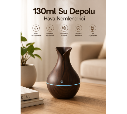 130ml Aromaterapi Difüzörü Hava Nemlendirici 7 Renk LED Işıklı