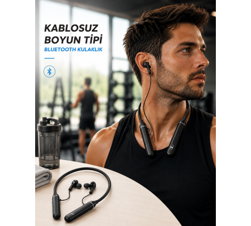 Boyun Tipi Kablosuz Bluetooth Kulaklık Uzun Pil Ömrü Mikrofonlu
