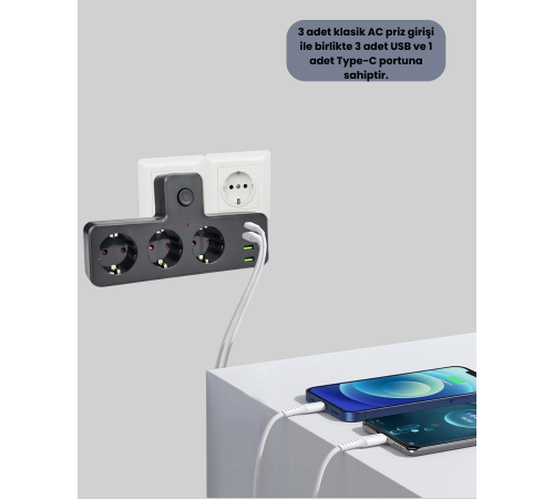 USB ve Type-C Portlu Anahtarlı Çoklu Priz Güç Ünitesi