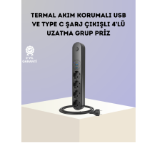 Akım Korumalı Çoklu Priz 4’lü 2 USB 1 Type-C 2500W Güçlü Tasarım