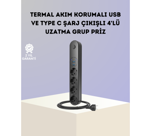 4 Priz 2 USB 1 Type-C Akım Korumalı Çoklu Priz Led Anahtarlı