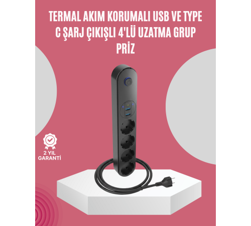 4 Priz 2 USB 1 Type-C Akım Korumalı Çoklu Priz Led Anahtarlı