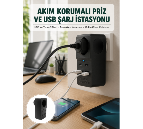 Isıya Dayanıklı PC Gövdeli Akım Korumalı Priz 4 USB Yeni Nesil