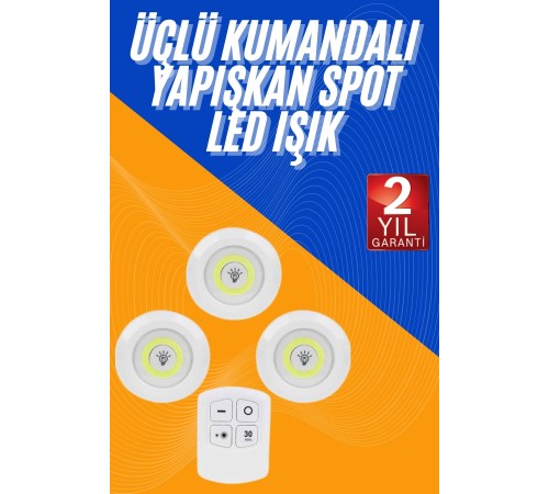 Dolap Işığı Mutfak Rafı Işığı Uzaktan Kumandalı 3 Lü Spot Led Lamba