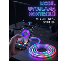 3 Metre RGB Neon LED Şerit Işık Su Geçirmez Kumandalı ve Uygulama Kontrollü Dekoratif Aydınlatma