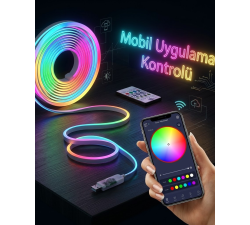 RGB Akıllı LED Neon Şerit Işık 3 Metre Uzaktan Kumandalı ve Telefon Kontrollü Renkli Aydınlatma