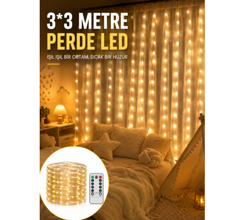 3x3 Metre Perde LED Işık – Parti ve Bahçe Dekorasyonu Yeni Nesil