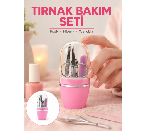 Tırnak Bakım Manikür Pedikür Seti 4 Parça Pembe Minimal ve Dayanıklı Yeni Nesil