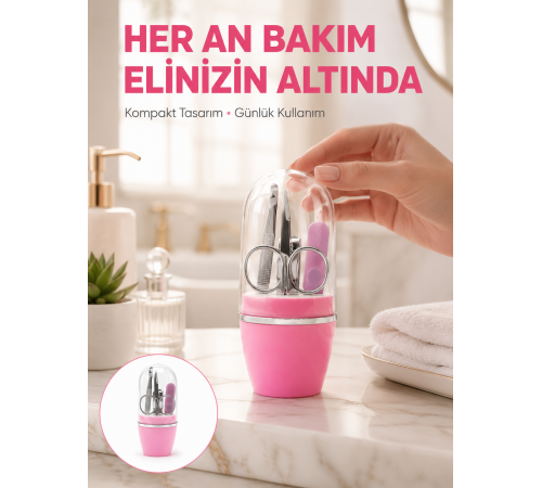 Tırnak Bakım Manikür Pedikür Seti 4 Parça Pembe Pratik Günlük Kullanım Yeni Nesil