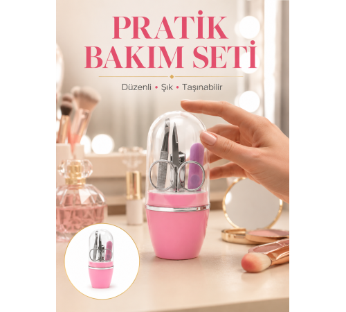 Tırnak Bakım Manikür Pedikür Seti 4 Parça Pembe Ev ve Seyahat Uyumlu Yeni Nesil