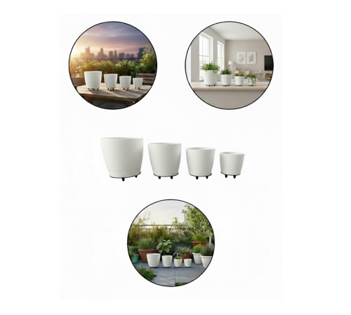 4’lü 3D Şık Beyaz Saksı Seti Modern Ayaklı Dekoratif Vazo