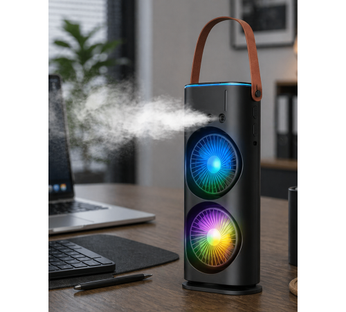 Çift Başlıklı Taşınabilir Fan RGB Işıklı Sprey Nemlendiricili Masaüstü Serinletici Fan
