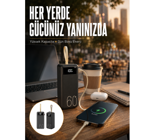 Powerbank 60.000 Mah Taşınabilir Şarj Hızlı El Fenerli Dijital Göstergeli Yeni Nesil