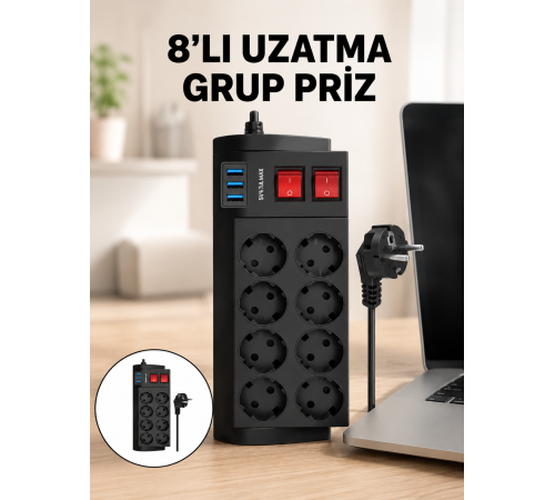 Termal Korumalı 8 Prizli 3 USB’li Uzatma Kablosu Yeni Nesil