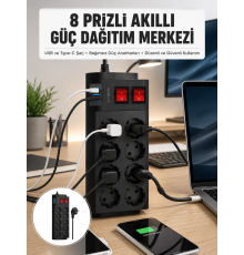 2 Metre Güçlü Çoklu Priz 8 Soket Yeni Nesil