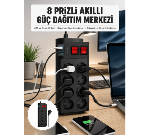 2 Metre Güçlü Çoklu Priz 8 Soket Yeni Nesil